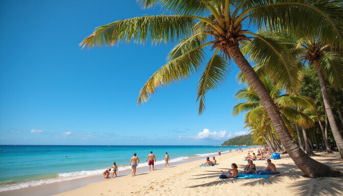 A vibrant tropical beach scene with palm trees and relaxed beachgoers.
