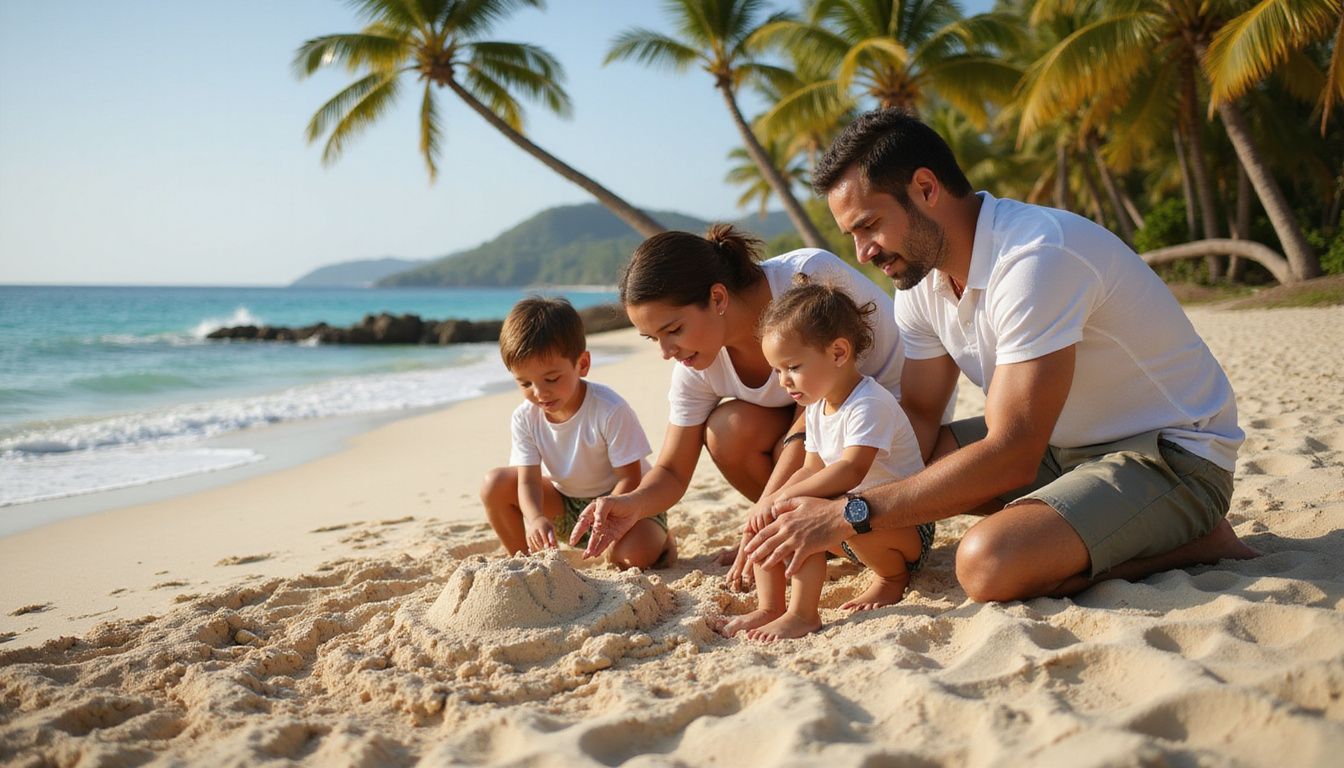 A family builds sandcastles on Bavaro Beach, enjoying a sunny day.