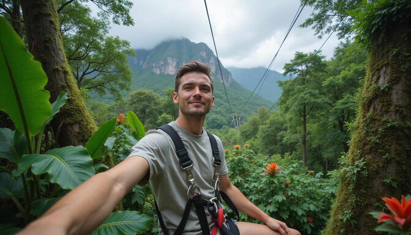 A person enjoys a zipline adventure through a lush rainforest.