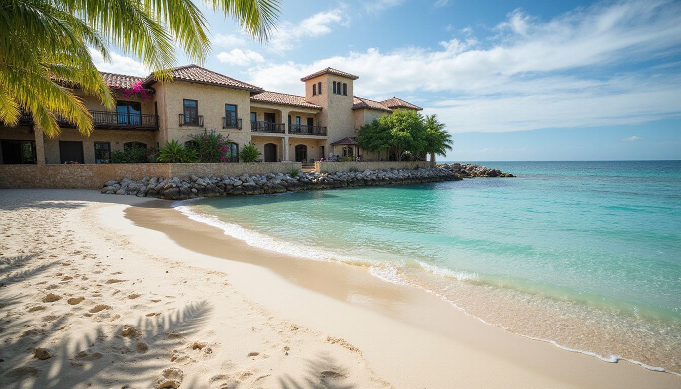 Tranquil beach in La Romana with a picturesque Mediterranean village backdrop. Tranquil beach in La Romana with a picturesque Mediterranean village backdrop.