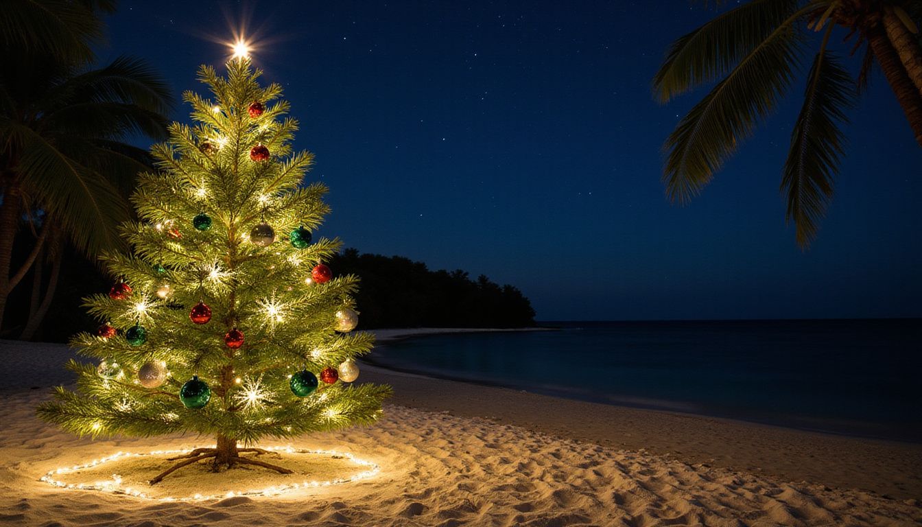 A decorated Christmas tree stands alone on a sandy beach. A decorated Christmas tree stands alone on a sandy beach.