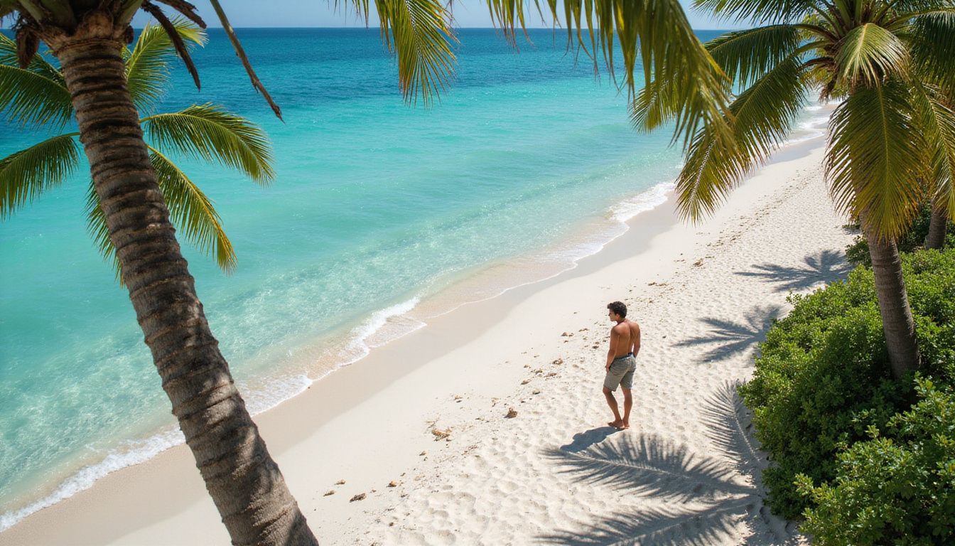 Aerial view of Macao Beach featuring turquoise waters and palm trees. Aerial view of Macao Beach featuring turquoise waters and palm trees.