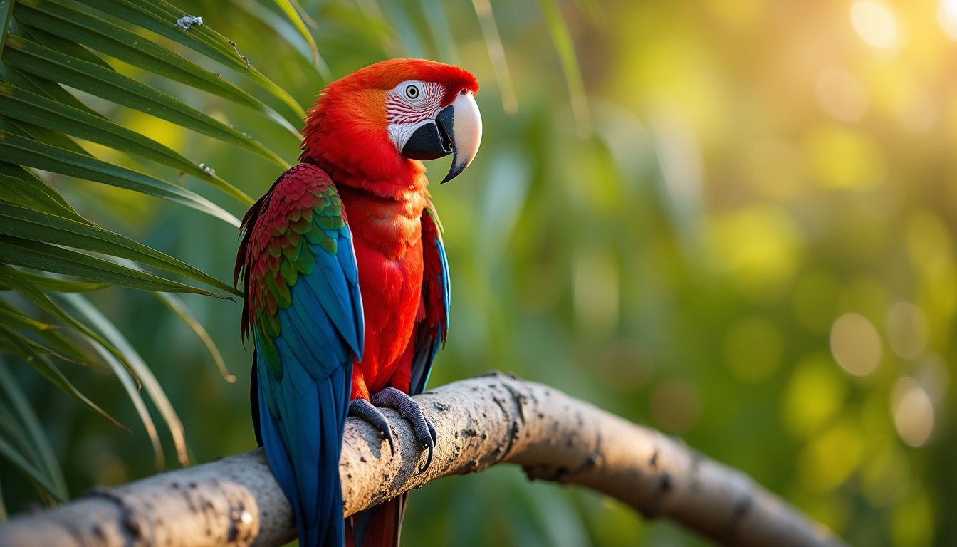 A colorful macaw parrot perches on a weathered palm tree branch. A colorful macaw parrot perches on a weathered palm tree branch.