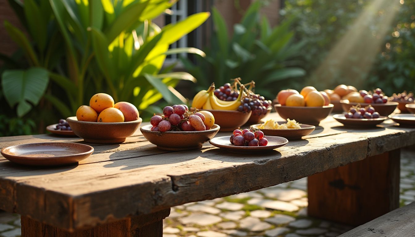 A rustic wooden dining table is set with vibrant tropical fruits.