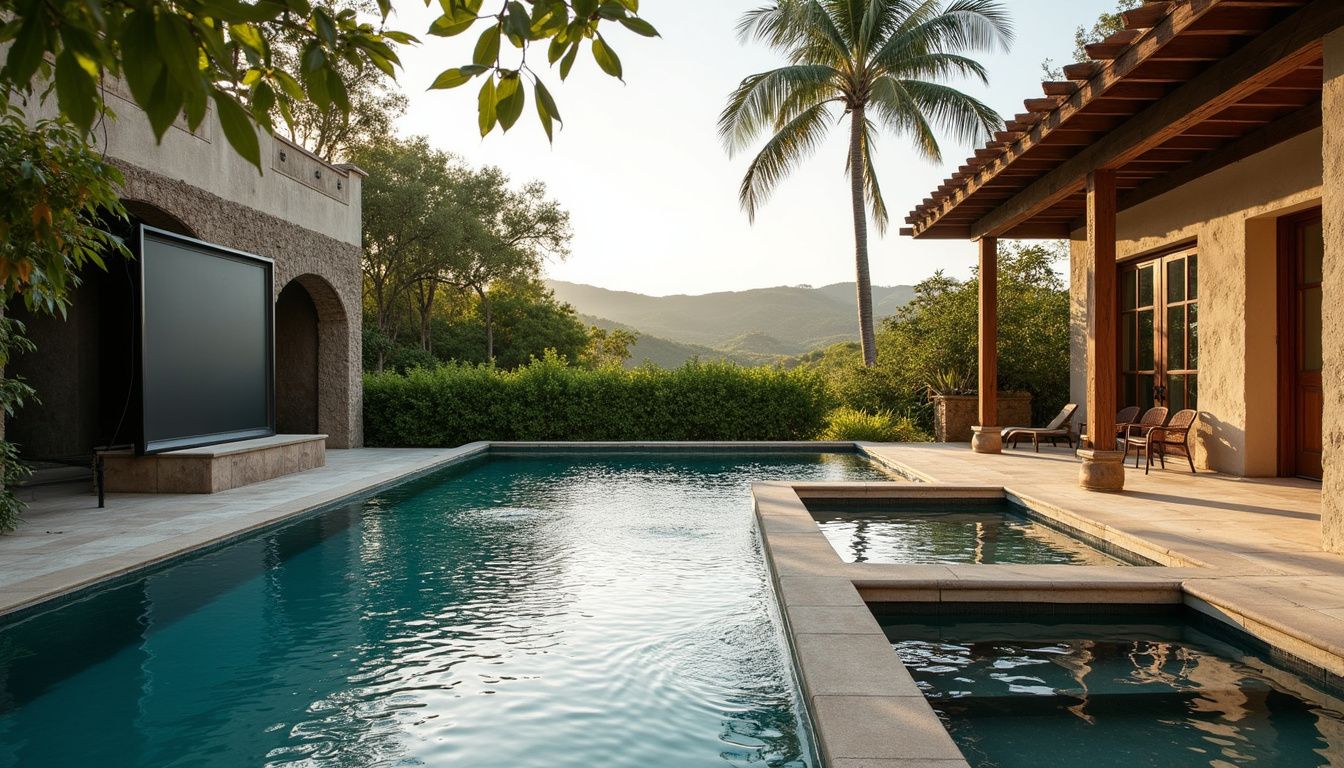 Luxurious villa with a pool, hot tub, and outdoor movie theater. Luxurious villa with a pool, hot tub, and outdoor movie theater.