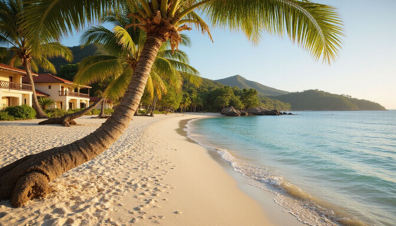 Serene Dominican Republic beach with clear water and palm trees.