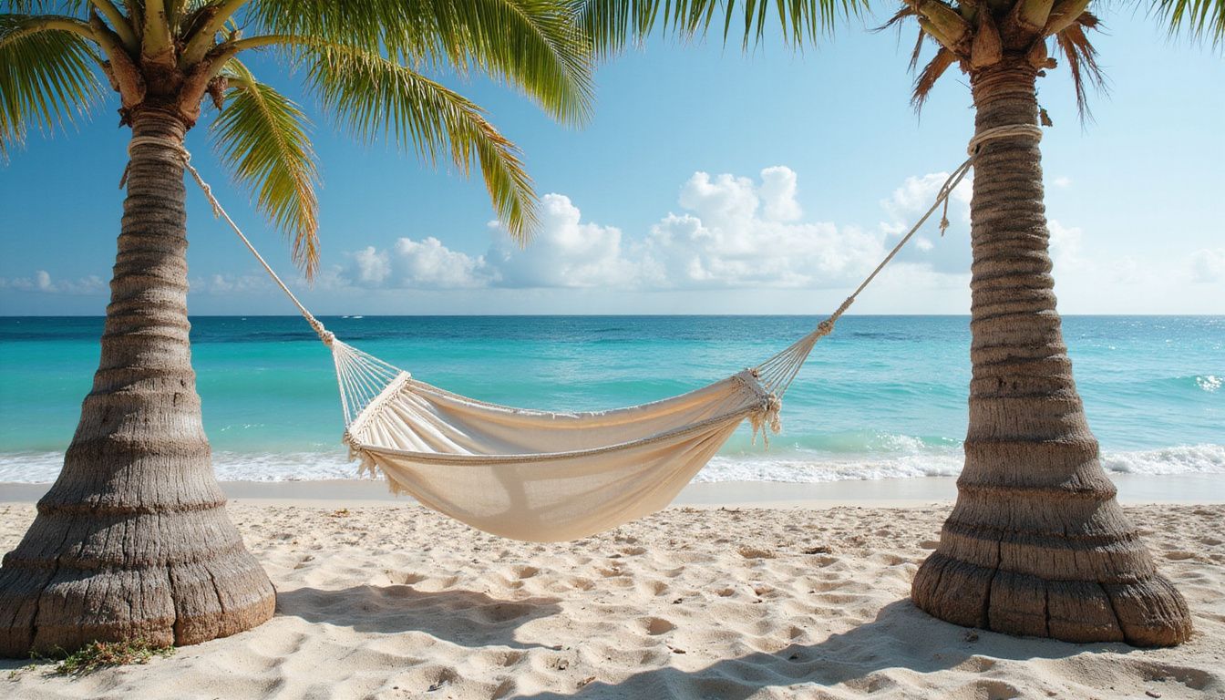 A hammock hangs between two palm trees on a sandy beach. A hammock hangs between two palm trees on a sandy beach.