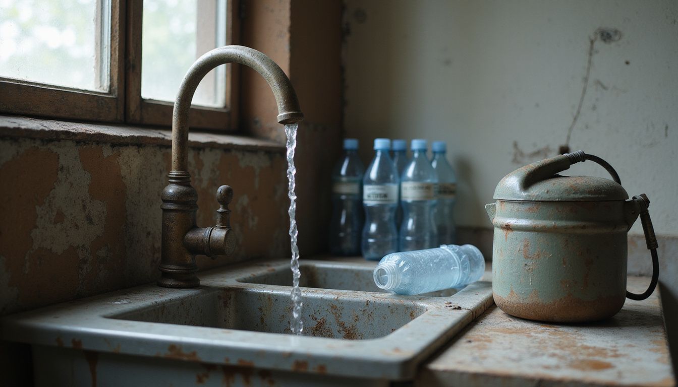Worn faucet drips water into a corroded, neglected steel sink.