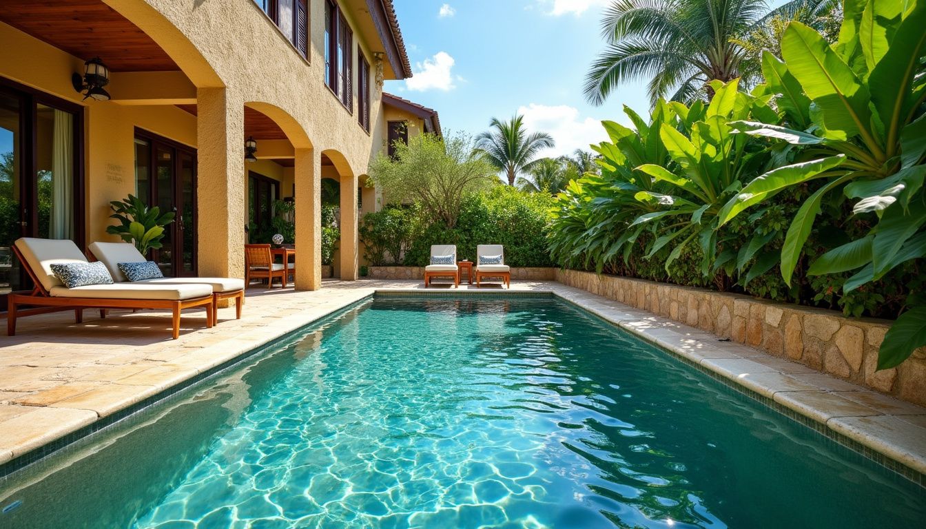 Luxurious villa with pool surrounded by tropical plants and elegant furniture. Luxurious villa with pool surrounded by tropical plants and elegant furniture.