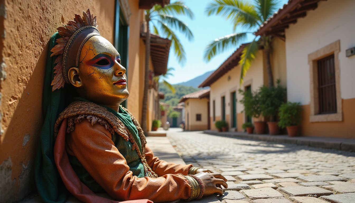 A vibrant carnival mask and costume against a historic cobblestone street.