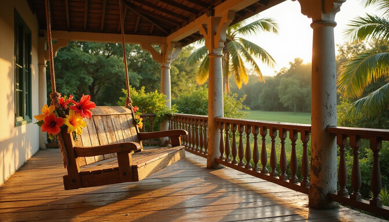 A weathered Caribbean porch with a rustic swing and vibrant flowers.