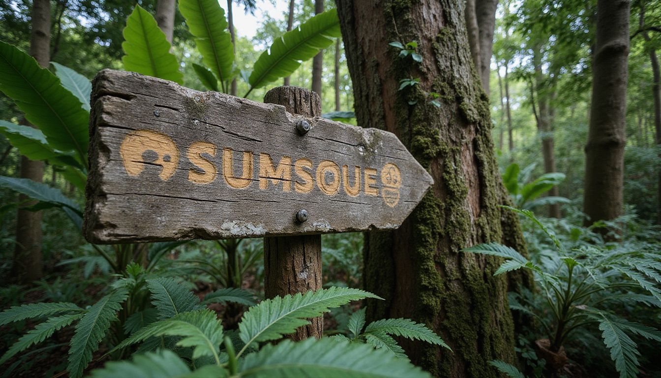 A weathered wooden signpost amidst lush tropical foliage and textures.