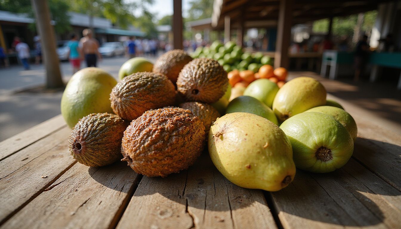 A close-up of exotic Dominican fruits on a weathered wooden table.