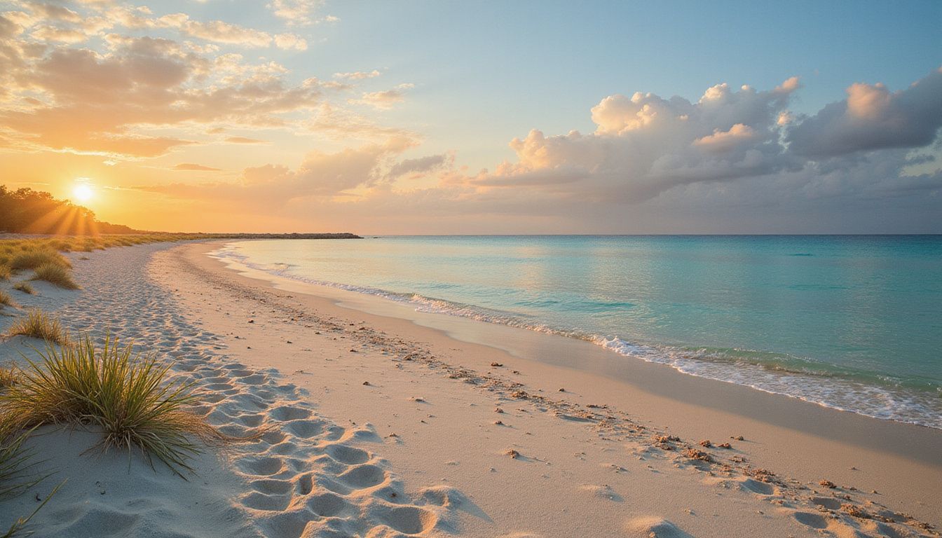 A serene, deserted beach at sunset with turquoise waters and white sand.