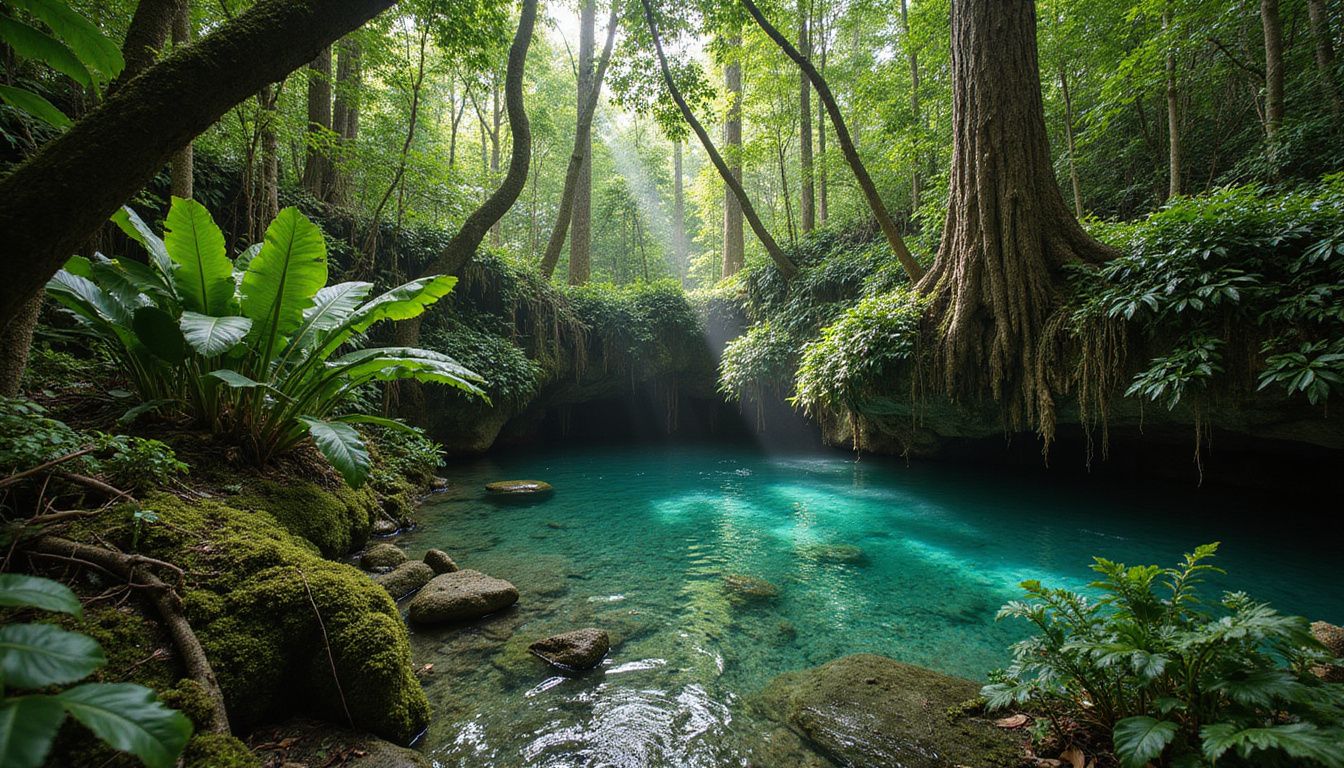 A serene tropical jungle with a hidden emerald cenote.
