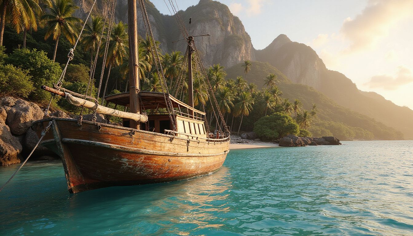 A weathered wooden ship anchors near a tropical island's rocky shore. A weathered wooden ship anchors near a tropical island's rocky shore.