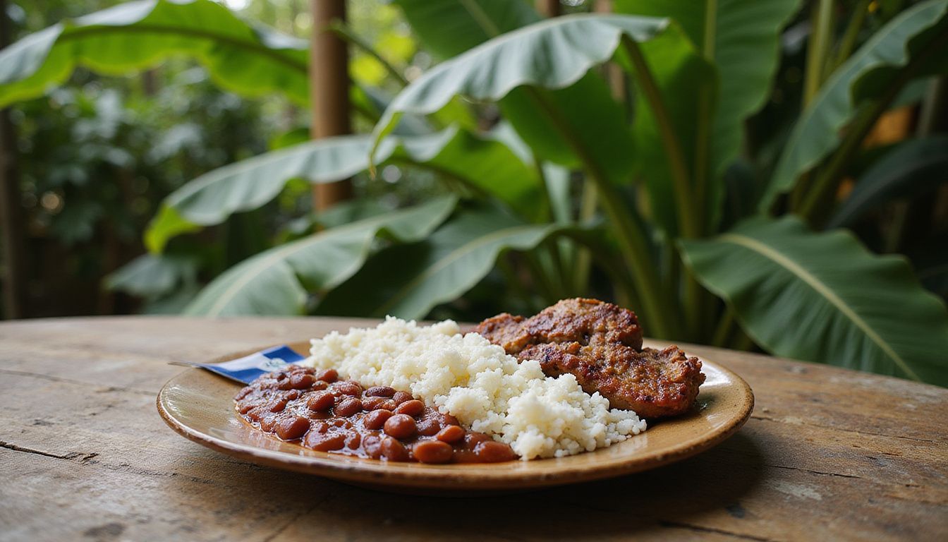 A beautifully arranged plate of La Bandera Dominicana on a rustic table.