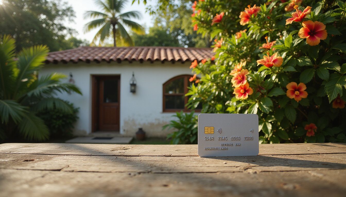 A tropical villa surrounded by vibrant foliage and a rustic table. A tropical villa surrounded by vibrant foliage and a rustic table.