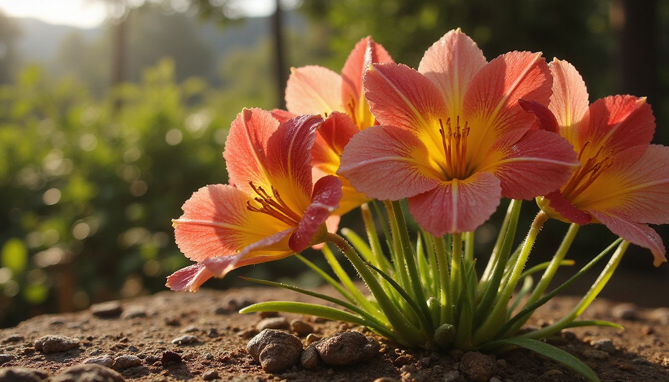 Vibrant, blooming flowers with dew on leaves in a serene garden.