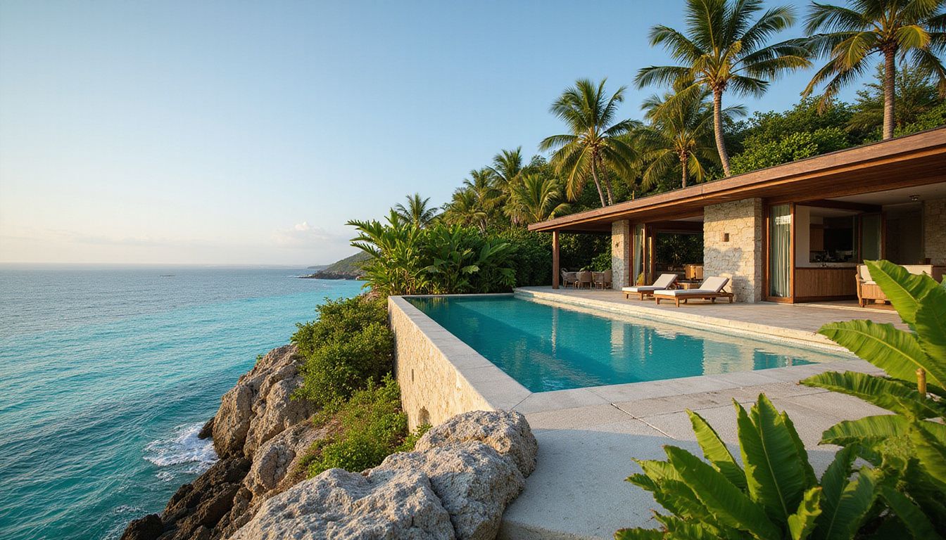 A modern luxury villa overlooks the Caribbean Sea from a cliff. A modern luxury villa overlooks the Caribbean Sea from a cliff.