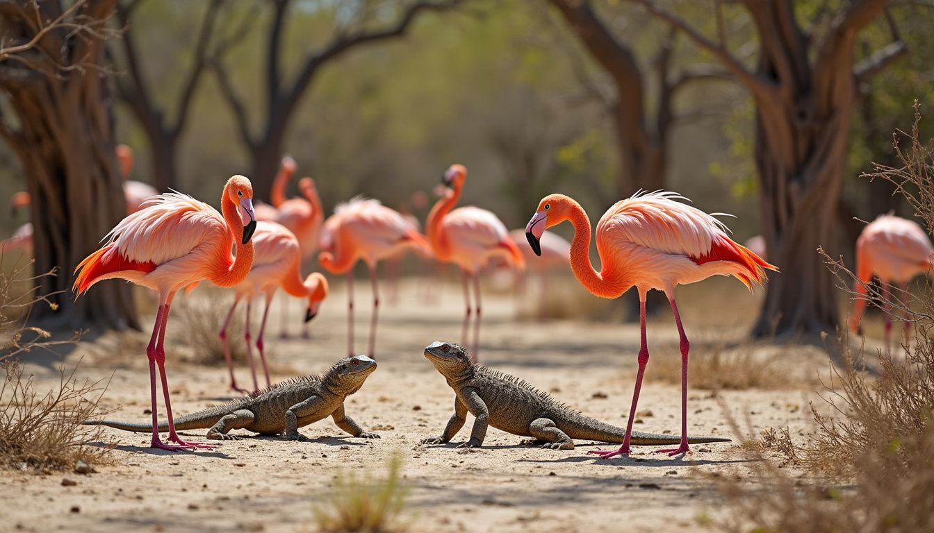 A vibrant group of flamingos in a dry, arid landscape.