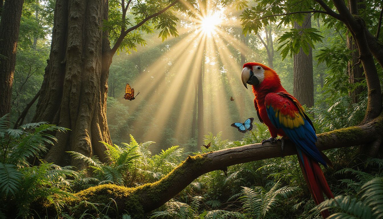 Vibrant tropical rainforest scene with a scarlet macaw and butterflies. Vibrant tropical rainforest scene with a scarlet macaw and butterflies.