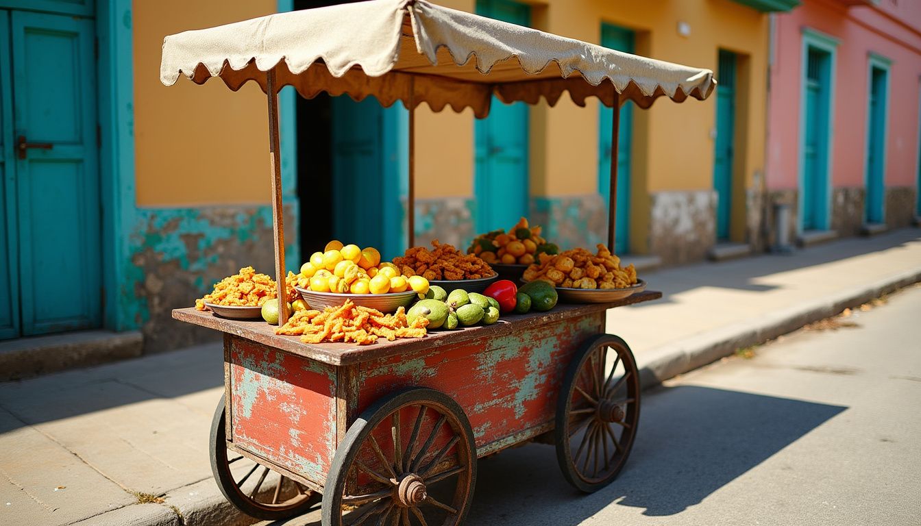 A rustic street cart displays colorful fried snacks and fresh ingredients.