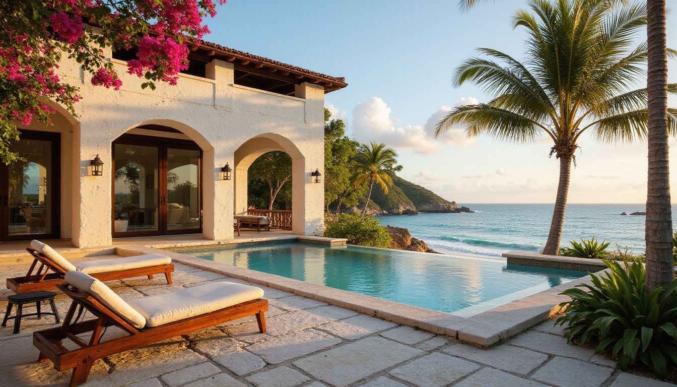 Luxurious beachfront villa with infinity pool and vibrant bougainvillea.