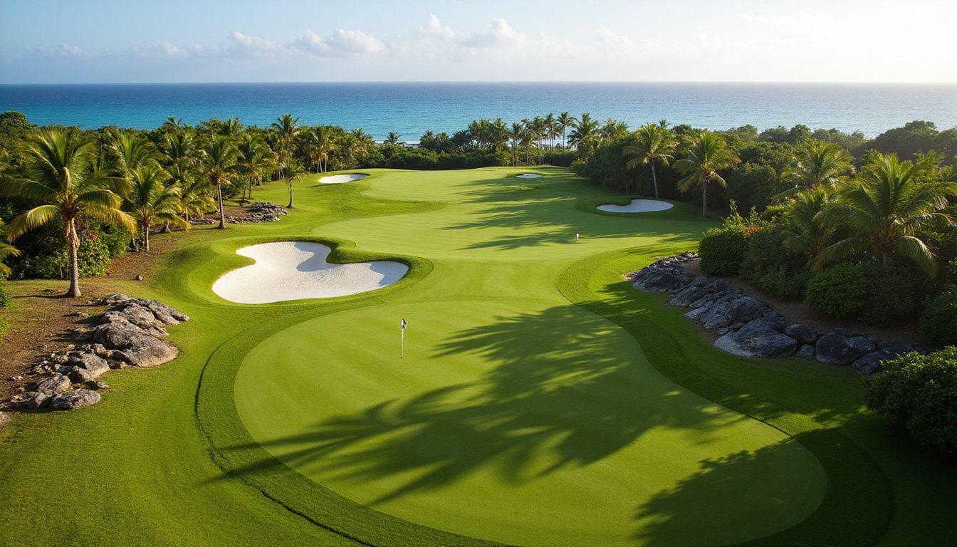 A pristine golf course at Casa de Campo Resort overlooking the Atlantic.