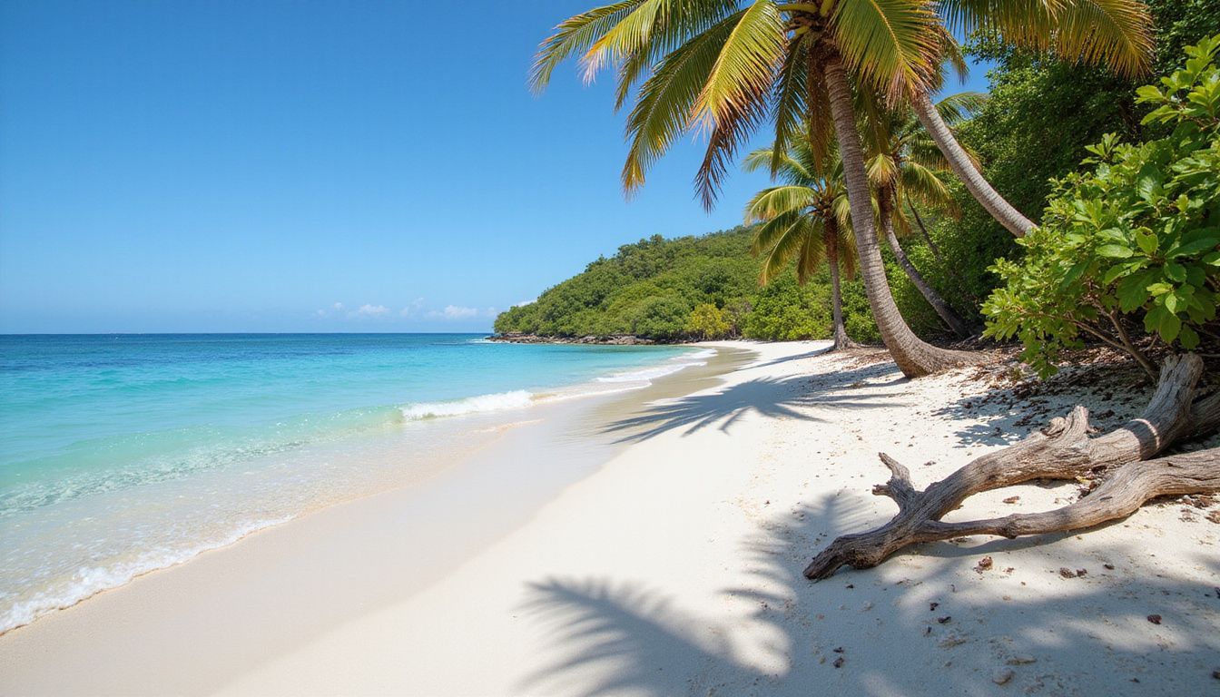 A serene Caribbean beach with clear turquoise waters and vibrant vegetation.