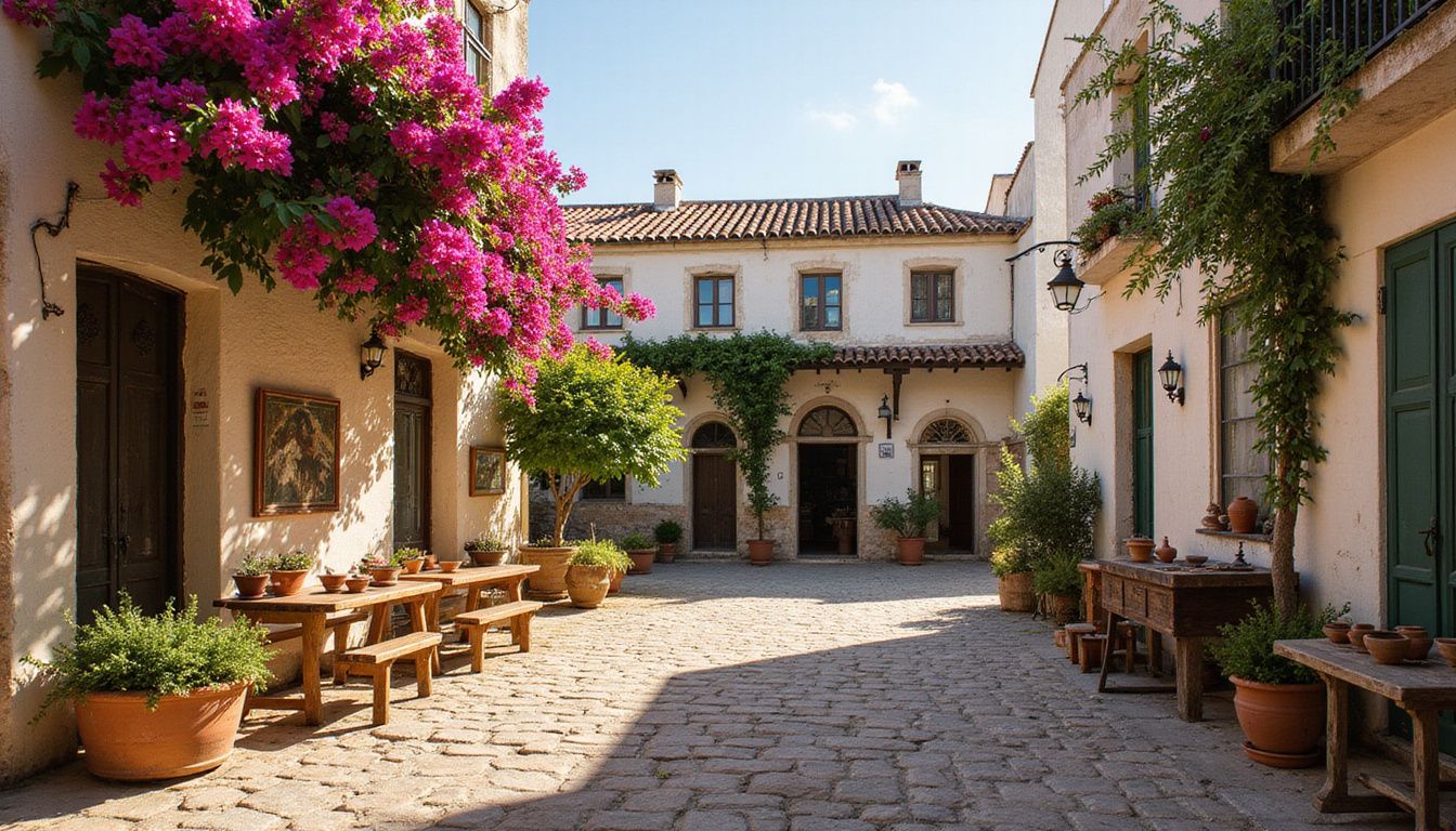 A vibrant Mediterranean village square bustling with artisans and handcrafted goods. A vibrant Mediterranean village square bustling with artisans and handcrafted goods.