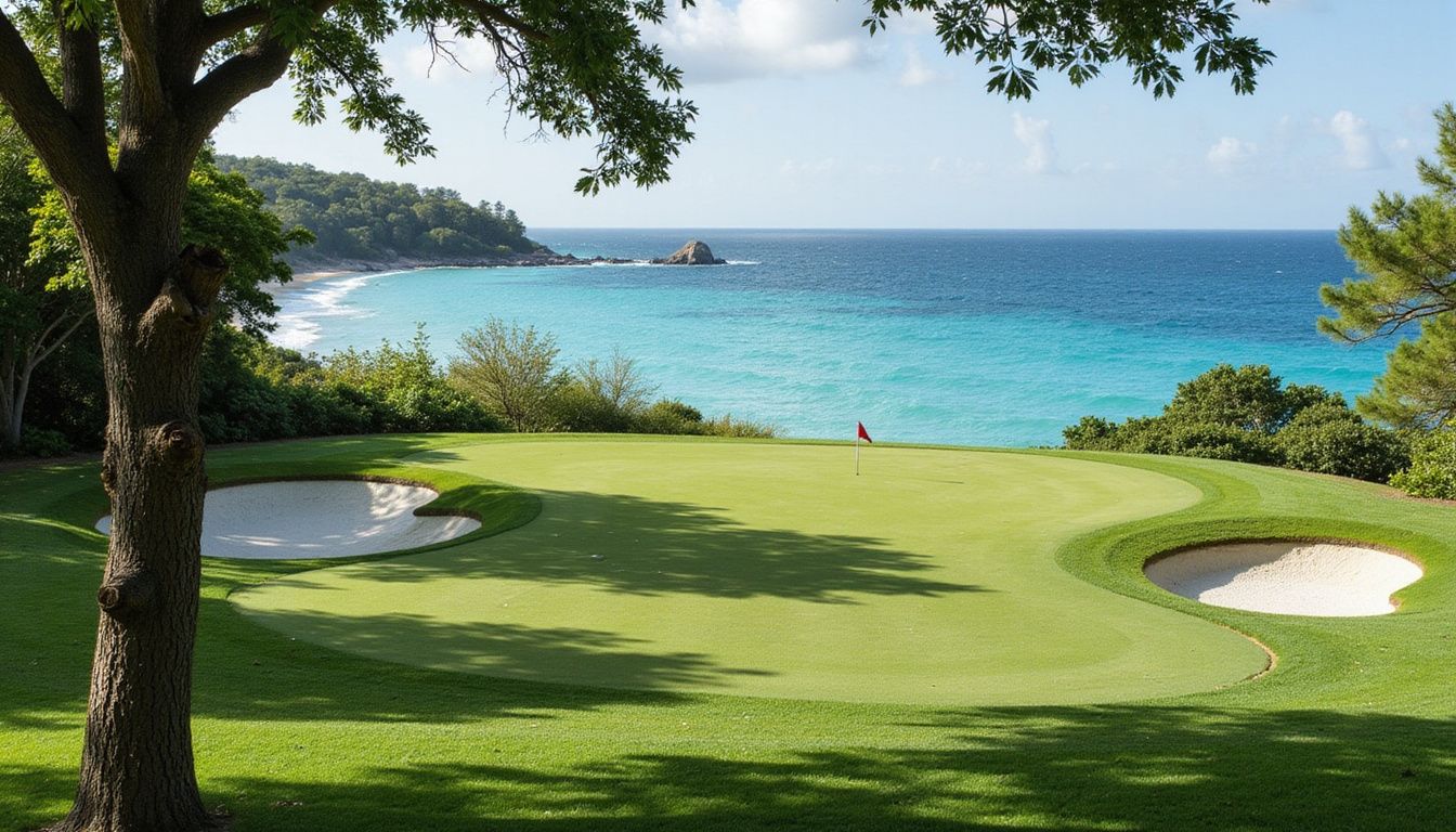 A pristine golf fairway descends to turquoise Caribbean waters.