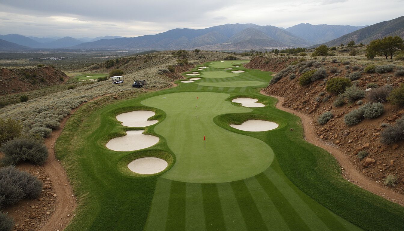 Aerial view of a meticulously designed championship golf course. Aerial view of a meticulously designed championship golf course.
