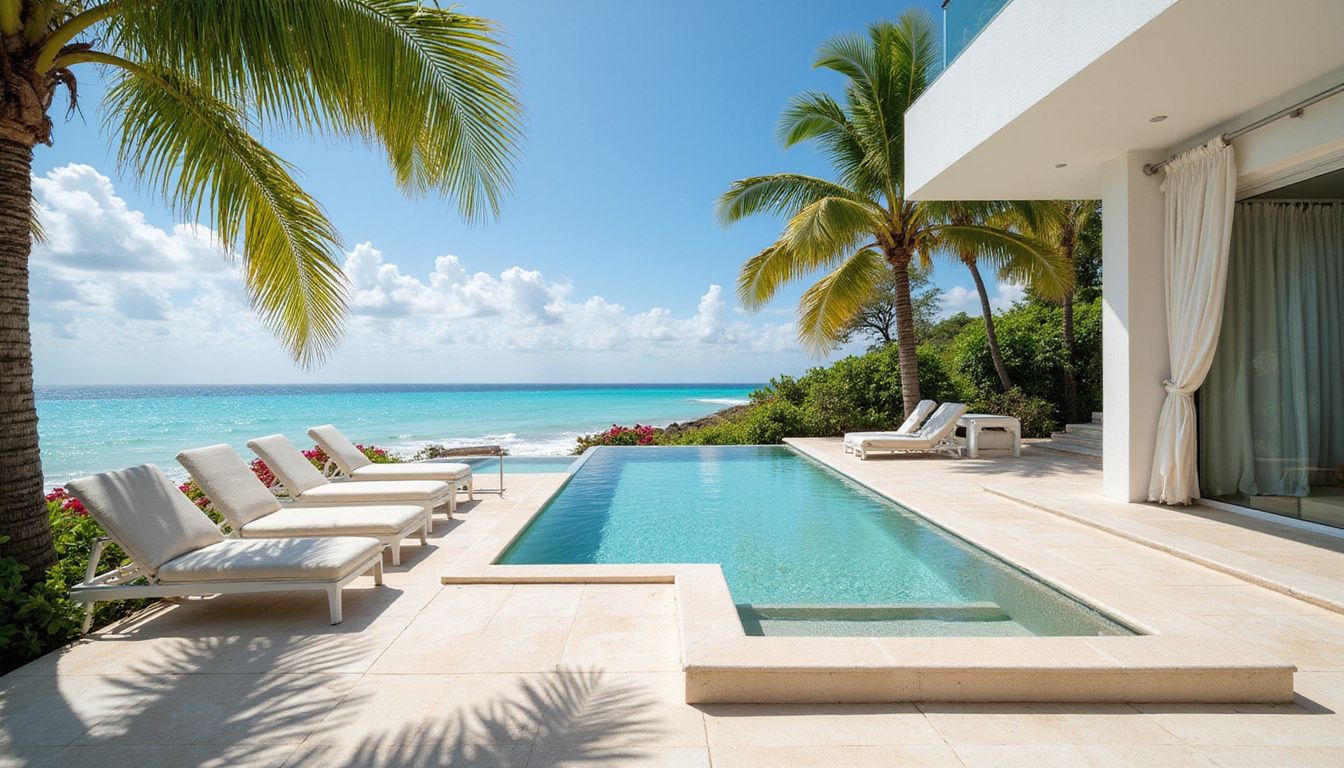 A serene beachfront villa terrace with an infinity pool in Punta Cana. A serene beachfront villa terrace with an infinity pool in Punta Cana.