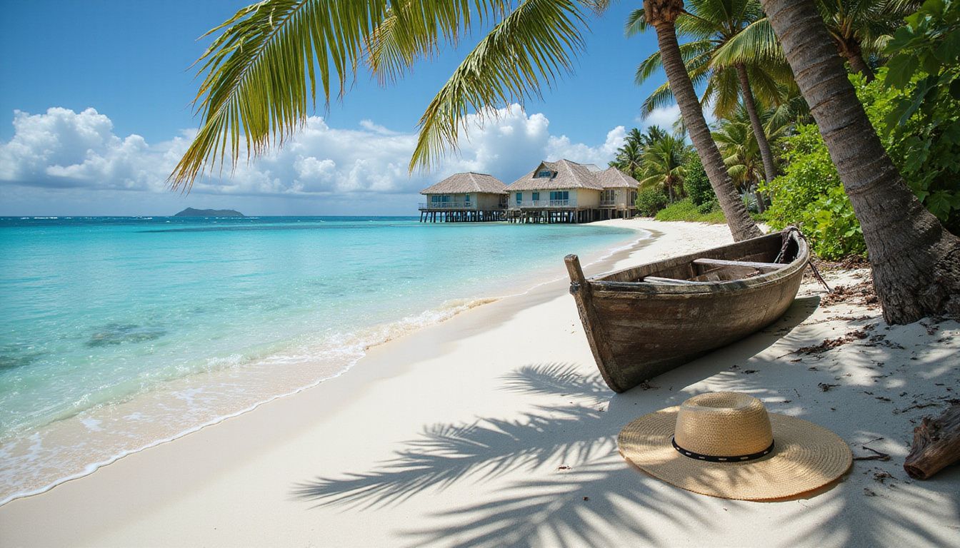 A serene beach scene featuring turquoise waters and a fishing boat.