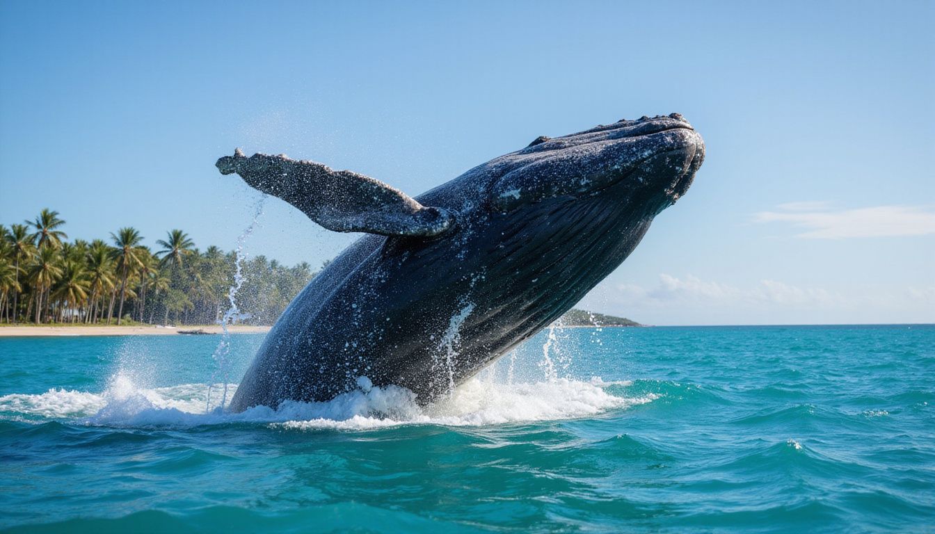 A humpback whale breaches dramatically in turquoise waters of SamanÃ¡ Bay.