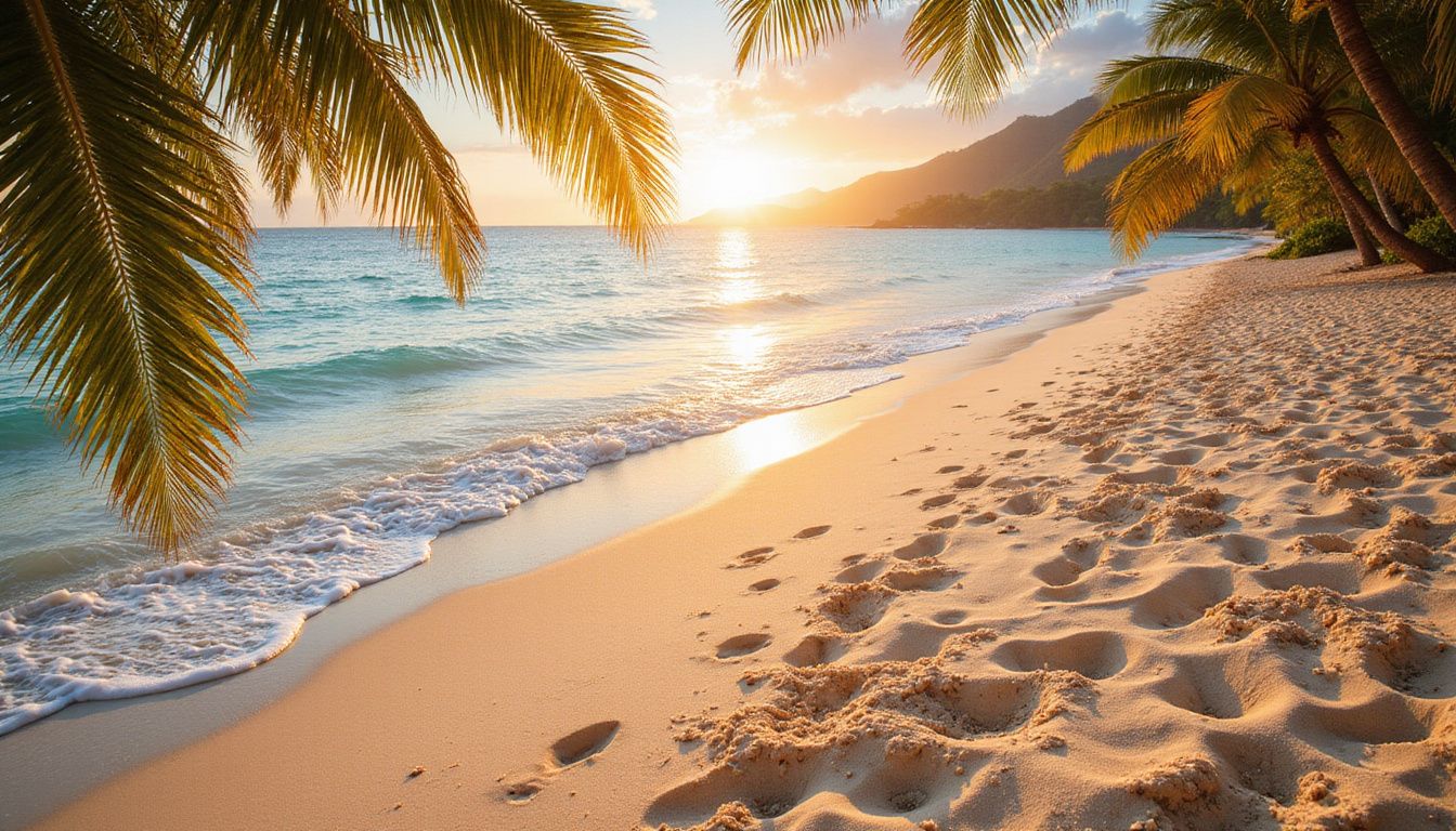 A secluded tropical beach at golden hour with tranquil waves and footprints. A secluded tropical beach at golden hour with tranquil waves and footprints.