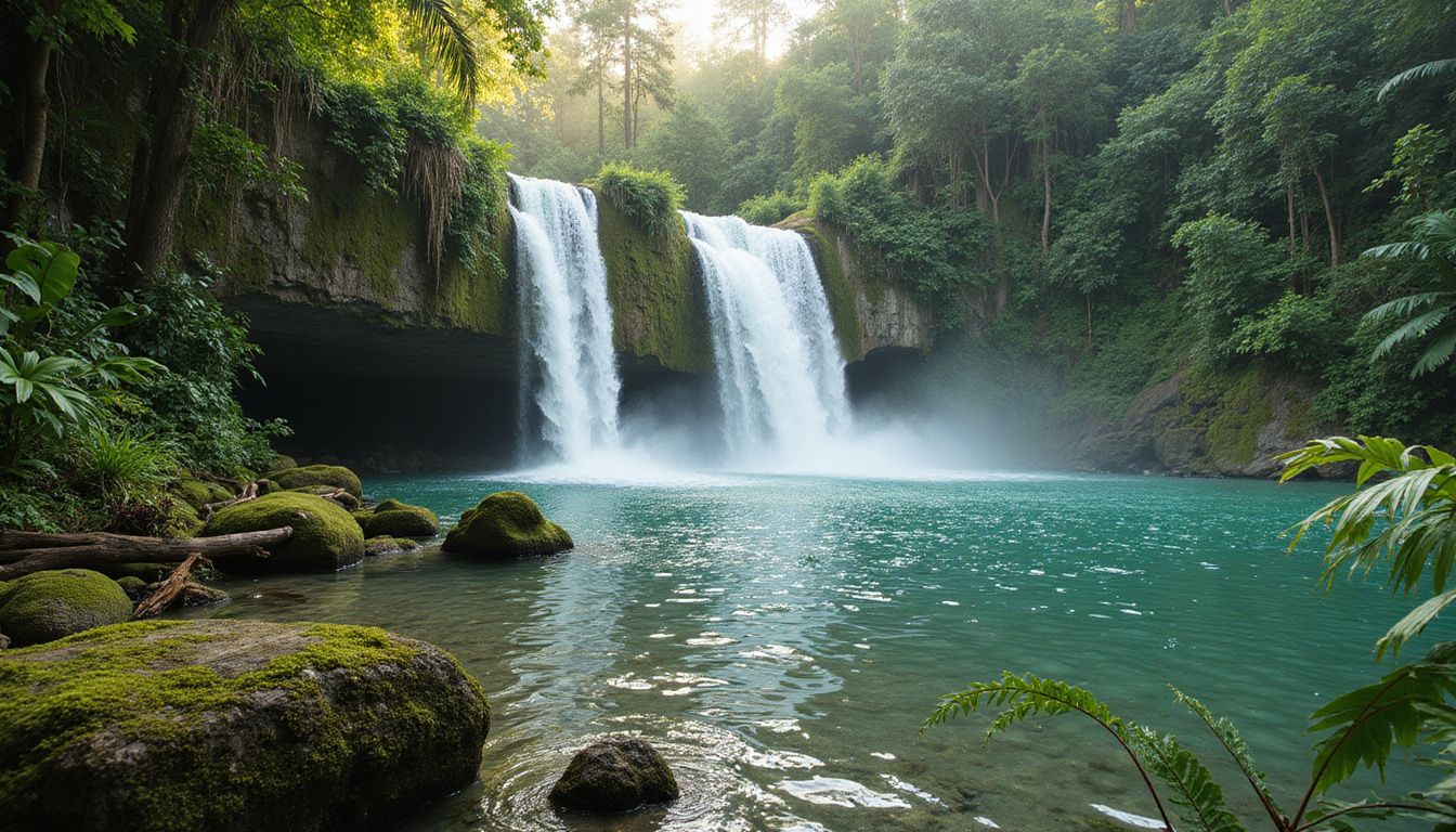 A stunning tropical waterfall surrounded by lush jungle vegetation. A stunning tropical waterfall surrounded by lush jungle vegetation.