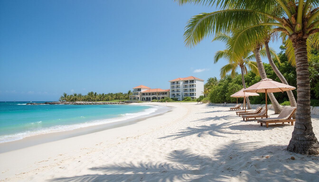 Pristine BÃ¡varo Beach features white sand, turquoise water, and palm trees.