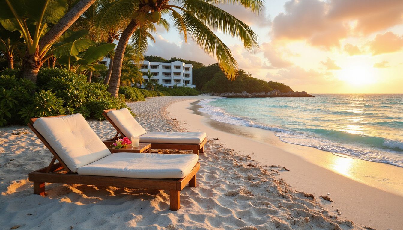 A tranquil beach scene with lounge chairs and tropical flowers.