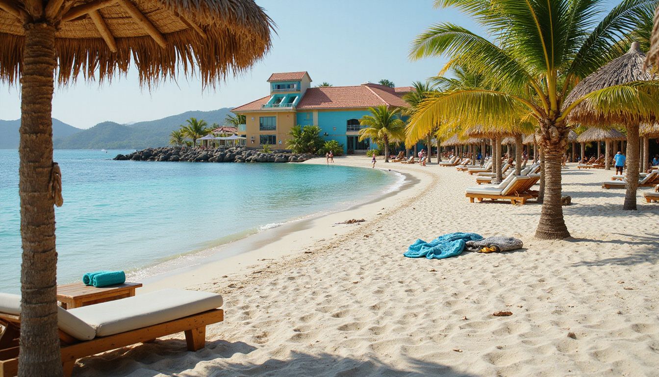 Candid beach scene at a Punta Cana resort with loungers and palm trees. Candid beach scene at a Punta Cana resort with loungers and palm trees.
