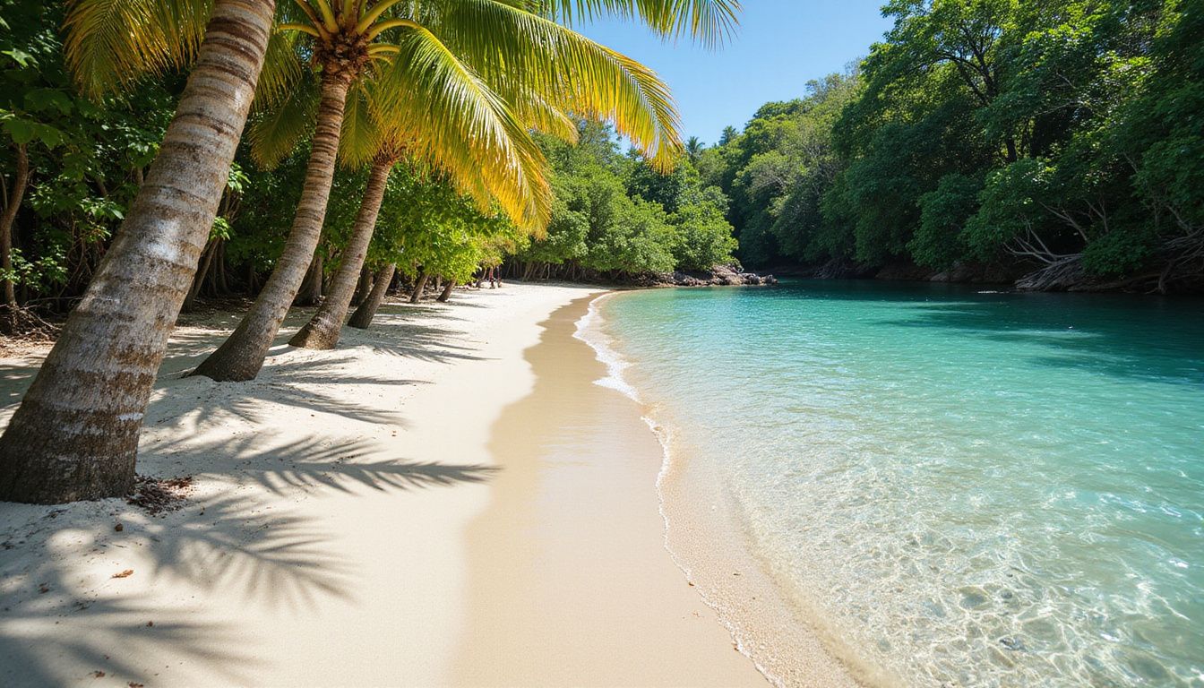 A pristine, untouched tropical beach cove with clear turquoise waters. A pristine, untouched tropical beach cove with clear turquoise waters.