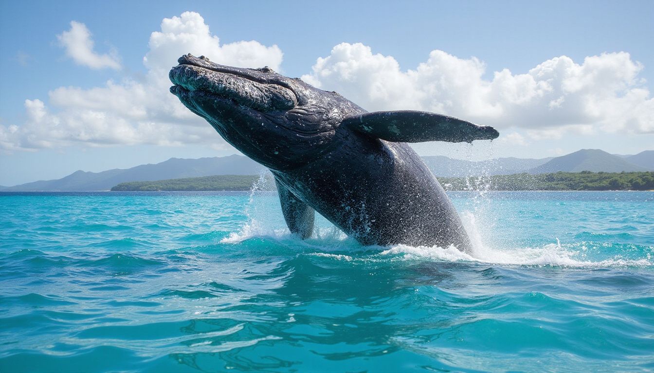 A humpback whale breaches in turquoise Caribbean waters, showcasing its majesty. A humpback whale breaches in turquoise Caribbean waters, showcasing its majesty.