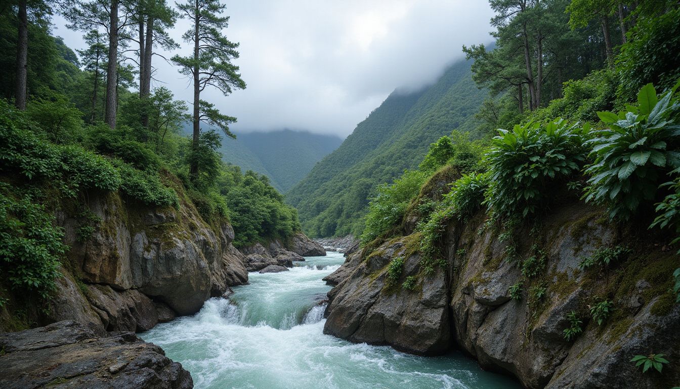 Um amanhecer enevoado sobre montanhas exuberantes e um rio sinuoso.